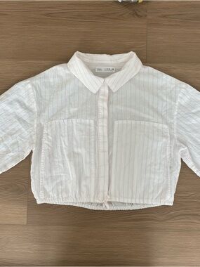 Zara White Cropped Shirt with Pink Pinstripes Girl’s Size 11-12Y